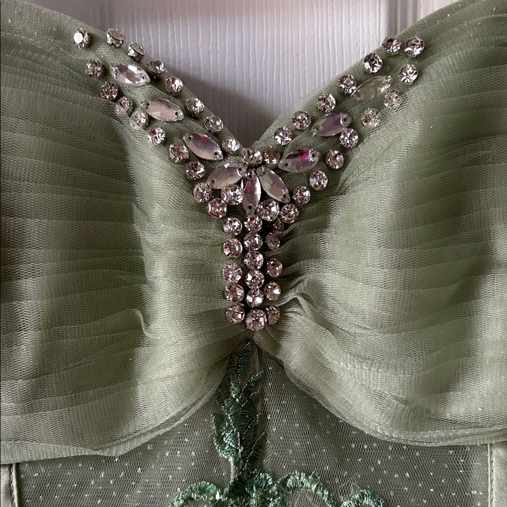 Sage Green Tulle Party Dress with Puff Sleeves - Picture 3 of 10